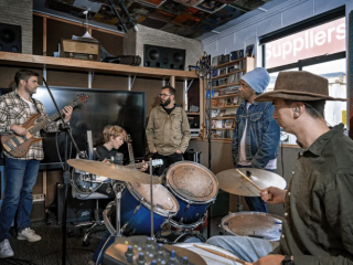 Local musicians Casey Magee, Fraser Browne, Hani Totorewa and Kauri Jackson work with Rohan Evans on his new song.